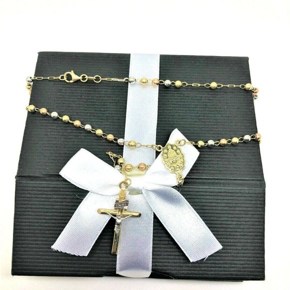 14K THREE TONE GOLD ROSARY NECKLACE 24"